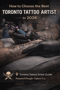 "Toronto tattoo artist at Painted People Tattoo Co. working on a detailed rose tattoo on a client’s forearm, showcasing professional custom tattoo work in Toronto, 2026."