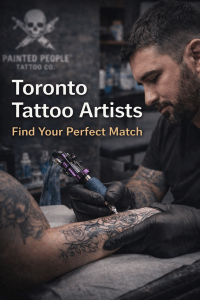 “Toronto tattoo artist from Painted People Tattoo Co. creating a detailed floral tattoo on a client’s forearm in a clean, modern studio, showcasing professional custom tattoo work, 2026.”